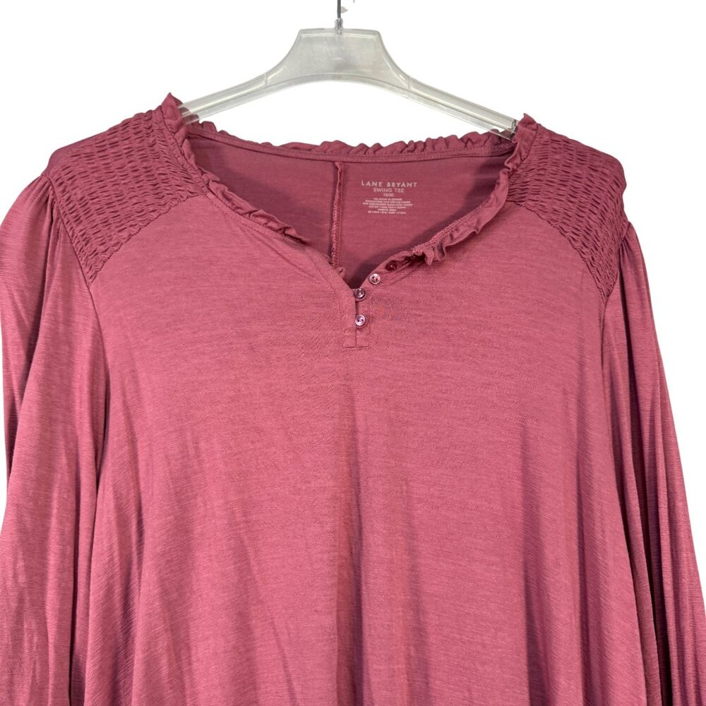 Lane Bryant Womens Ruffled Swing Tee 18/20 3/4 Sleeve Smocked Details Rose Pink - Picture 2 of 4